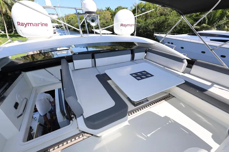  Yacht Photos Pics 2019 Galeon 650 Sky yacht with spacious outdoor seating and Raymarine equipment.