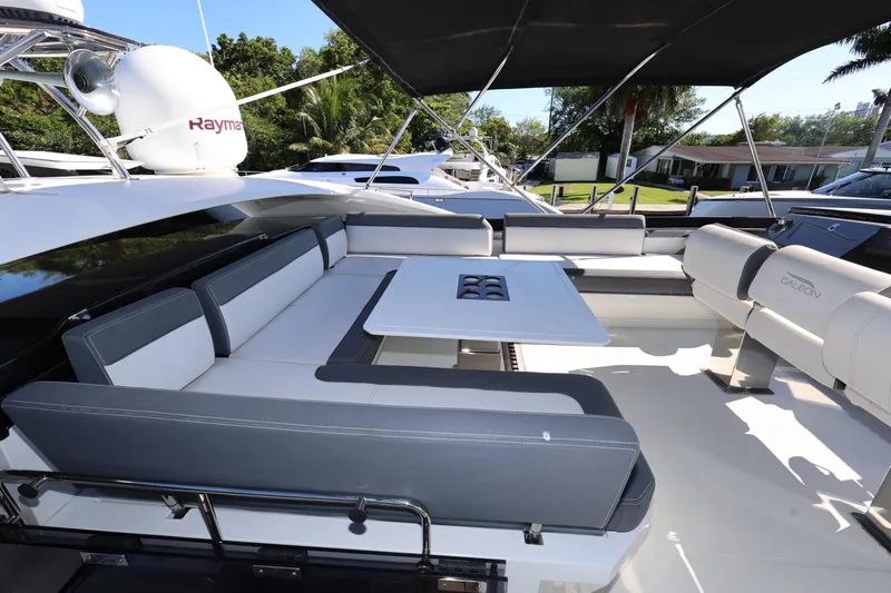  Yacht Photos Pics 2019 Galeon 650 Sky yacht with spacious outdoor seating and table under canopy.