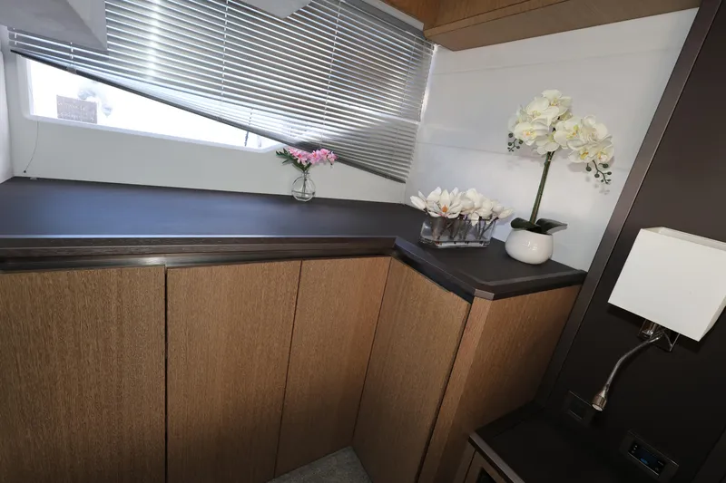  Yacht Photos Pics Luxurious interior of 2019 Galeon 650 Sky yacht with elegant floral decor.