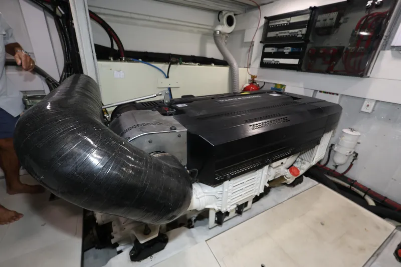  Yacht Photos Pics Engine room of 2019 Galeon 650 Sky yacht, featuring advanced machinery and components.