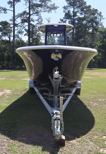  Yacht Photos Pics 2022 Tidewater 272 LXF boat on trailer, parked on grassy area with trees in background.