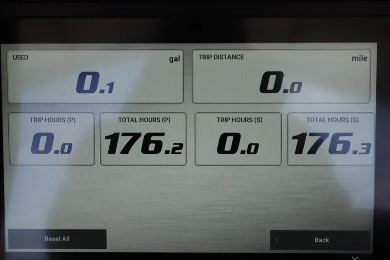 Yacht Photos Pics Display screen of 2022 Tidewater 272 LXF showing fuel and trip data.