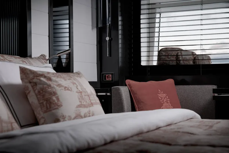  Yacht Photos Pics Luxurious interior of 2024 Sirena 68 yacht with elegant bedding and modern decor.