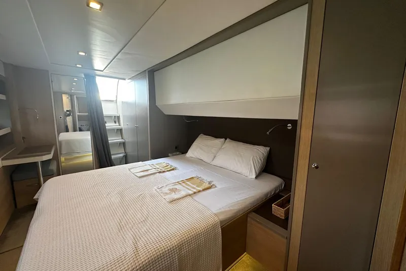  Yacht Photos Pics Luxurious bedroom interior of 2019 Bali 5.4 yacht with modern design and cozy bedding.