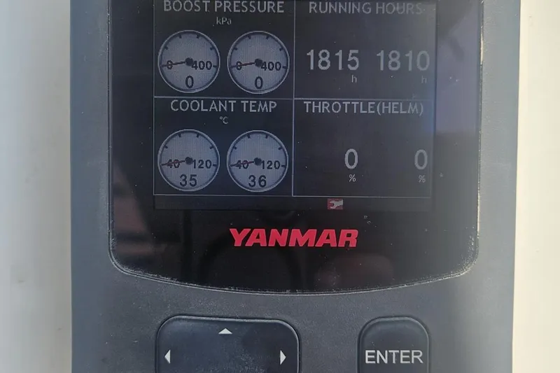  Yacht Photos Pics Yanmar engine display showing boost pressure, coolant temperature, and running hours on Bali 5.4, 2019.