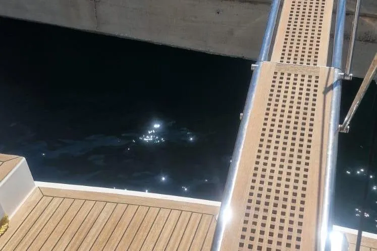  Yacht Photos Pics Boarding ramp on a 2019 Bali 5.4 yacht with teak decking.
