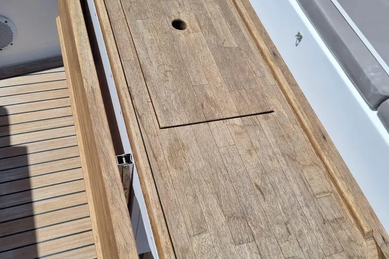  Yacht Photos Pics Wooden deck detail on a 2019 Bali 5.4 model yacht.