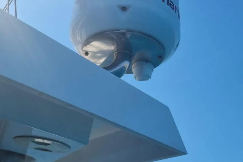  Yacht Photos Pics Radar equipment on a 2019 Bali 5.4 yacht against a clear blue sky.