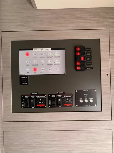  Yacht Photos Pics Control panel of 2024 Fountaine Pajot MY5 yacht with digital display and switches.