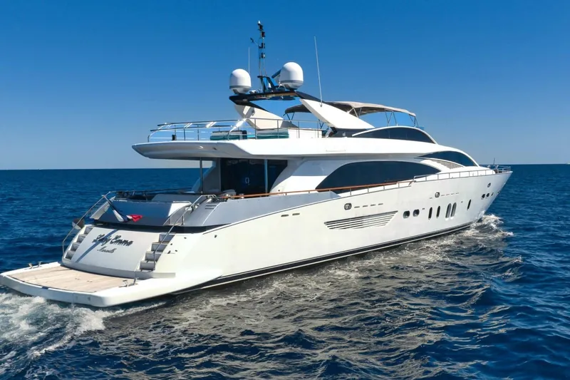 Lady Emma Yacht Photos Pics Luxury 2007 Guy Couach 3300 Fly yacht cruising on open sea.