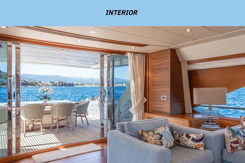 Lady Emma Yacht Photos Pics Luxurious interior of 2007 Guy Couach 3300 Fly yacht with ocean view and elegant decor.