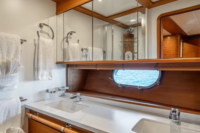 Lady Emma Yacht Photos Pics Luxurious bathroom on 2007 Guy Couach 3300 Fly yacht with ocean view.