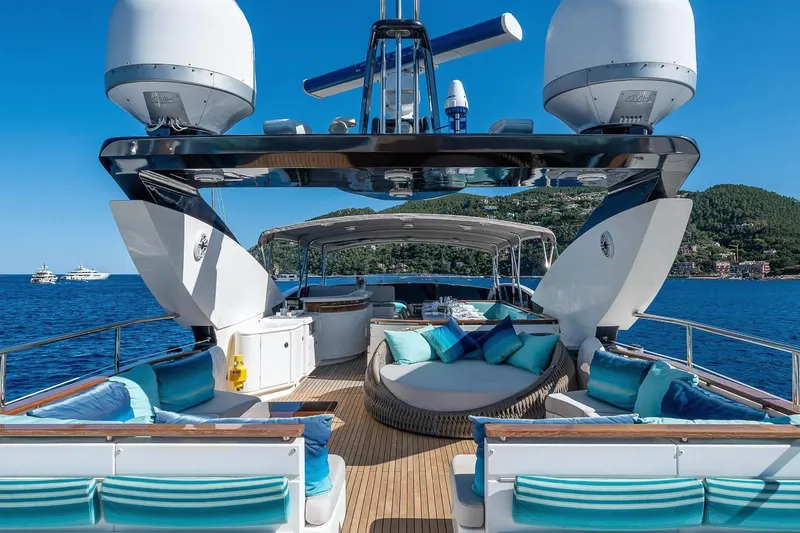 Lady Emma Yacht Photos Pics Luxurious 2007 Guy Couach 3300 Fly yacht with elegant deck seating and ocean view.