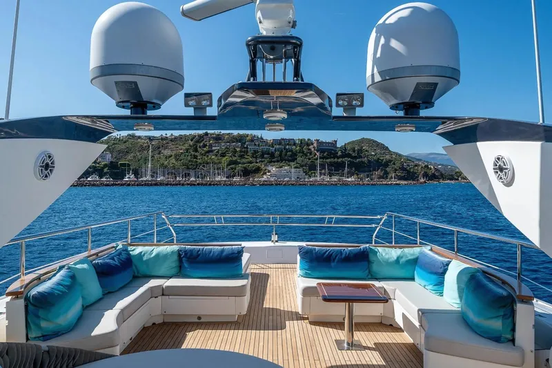 Lady Emma Yacht Photos Pics Luxurious 2007 Guy Couach 3300 Fly yacht deck with plush seating and ocean view.