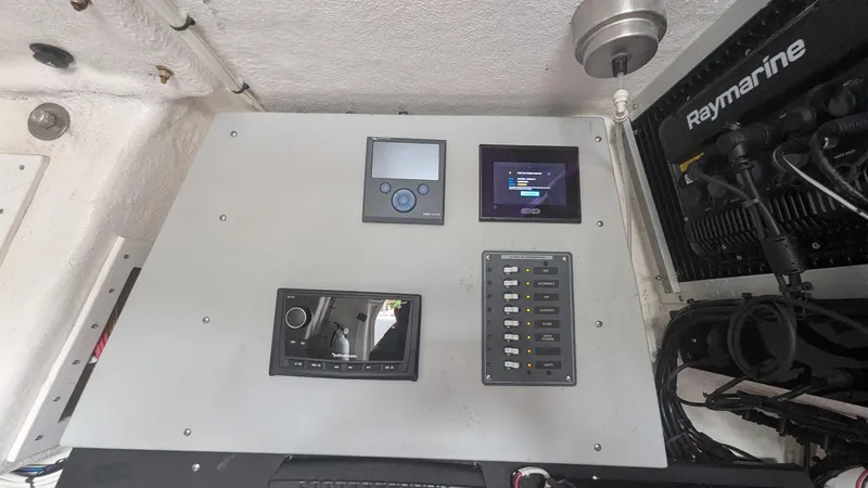  Yacht Photos Pics Control panel of a 2021 Vela 368 Center Console with Raymarine electronics.