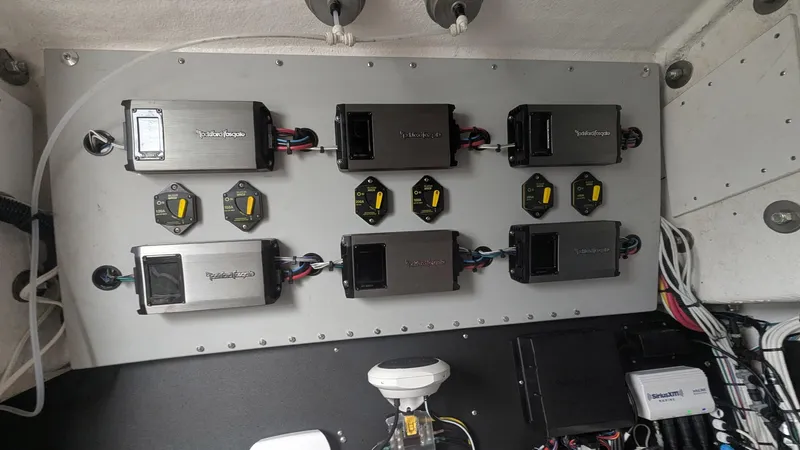  Yacht Photos Pics Electrical panel in a 2021 Vela 368 Center Console boat with multiple components.
