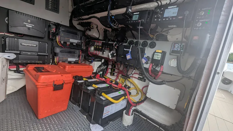  Yacht Photos Pics Interior of 2021 Vela 368 Center Console showing electrical equipment and wiring.