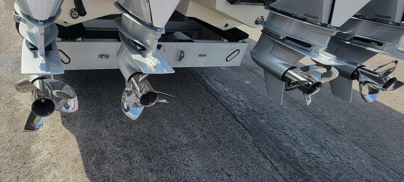  Yacht Photos Pics 2021 Vela 368 Center Console boat propellers on display.