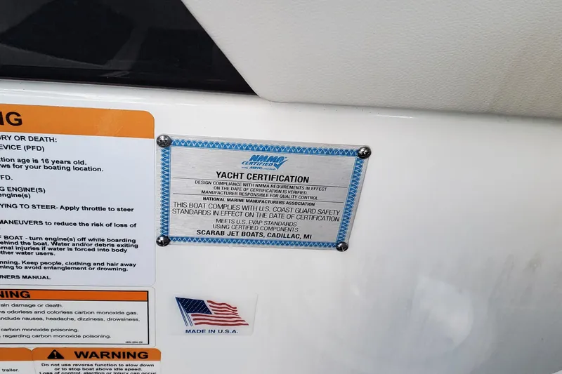  Yacht Photos Pics 2024 Scarab 285 Wake ID yacht certification and safety warning labels. Made in USA.