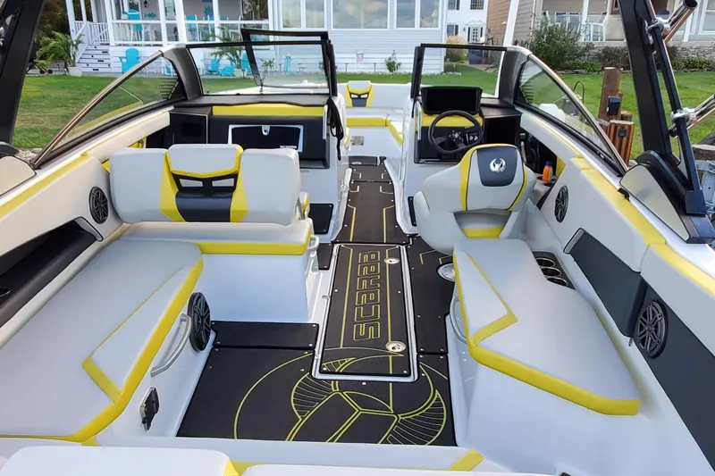  Yacht Photos Pics 2024 Scarab 285 Wake ID boat interior with modern seating and sleek design.