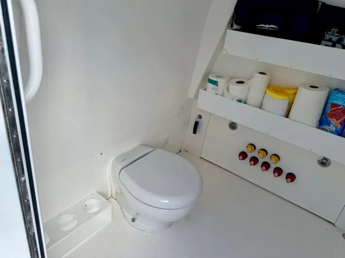 Lulu Yacht Photos Pics 2020 Invincible 35 Catamaran bathroom with toilet, shelves, and storage.