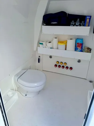 Lulu Yacht Photos Pics 2020 Invincible 35 Catamaran bathroom with toilet, shelves, and supplies.