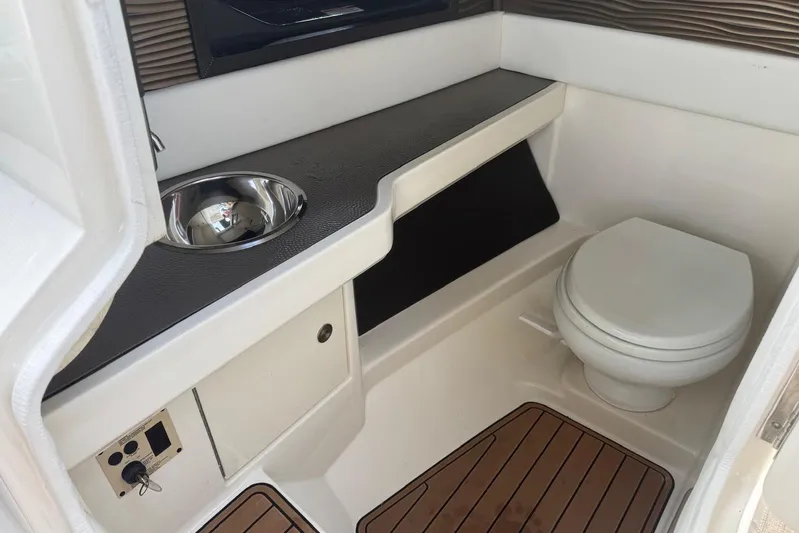  Yacht Photos Pics 2017 Sea Ray SLX 310 Outboard boat bathroom with sink and toilet.