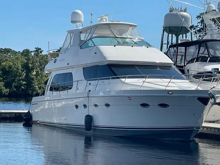Seas The Day Yacht Photos Pics 2006 Carver 56 Voyager yacht docked in a marina, surrounded by trees and water.