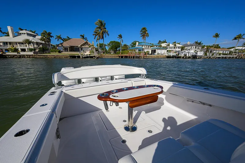 Mare Yacht Photos Pics 2019 Bahama 41 boat on water, luxurious seating, scenic waterfront homes, clear blue sky.