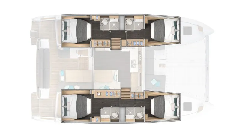  Yacht Photos Pics 2024 Lagoon 43 yacht floor plan with four cabins and central living area.