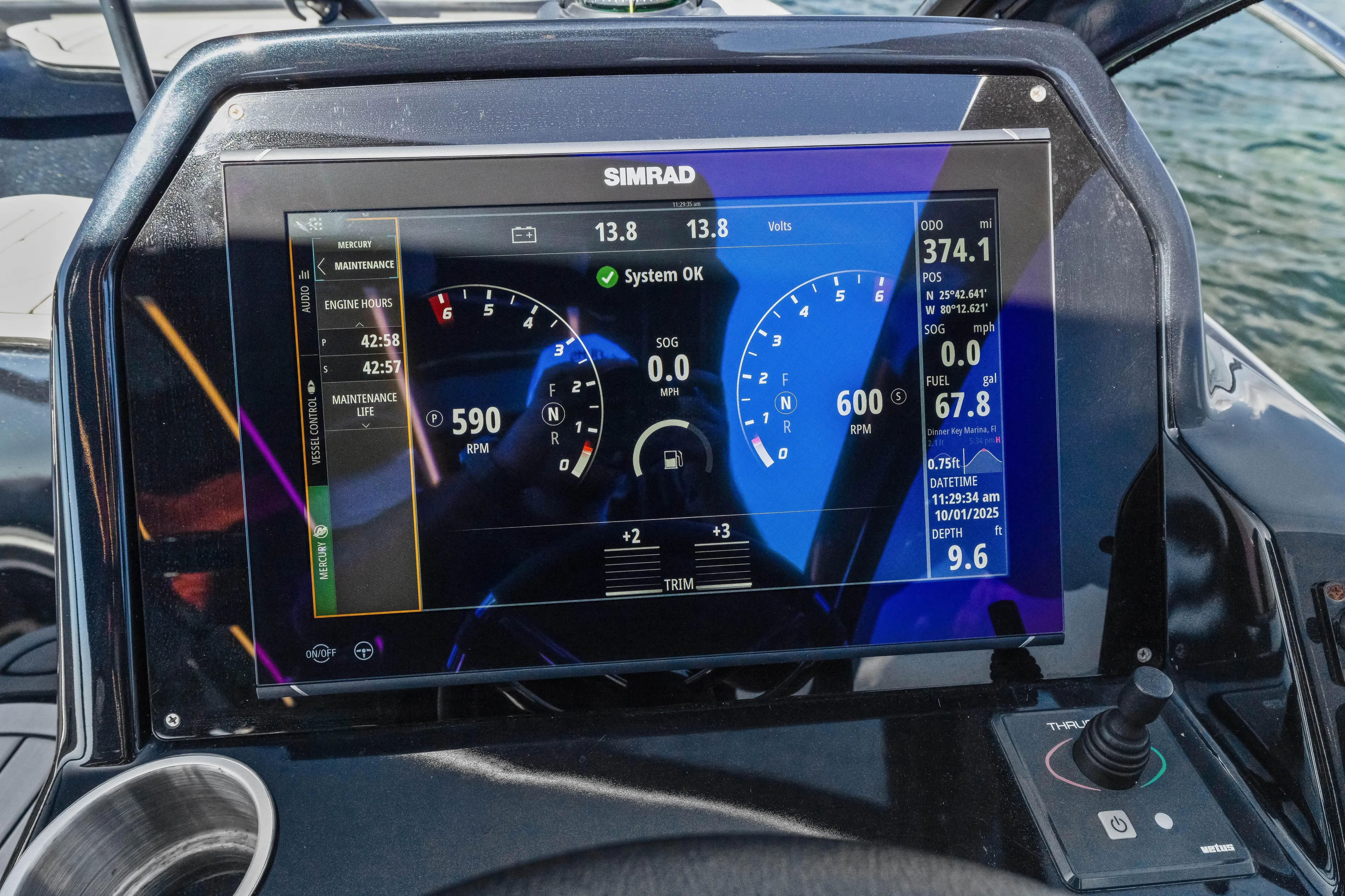  Yacht Photos Pics Dashboard of a 2025 Hanover 305 boat displaying engine and navigation data.