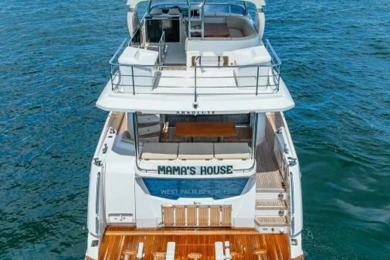 Mama's House Yacht Photos Pics 2018 Absolute 60 Flybridge yacht on water, rear view, named "Mama's House."