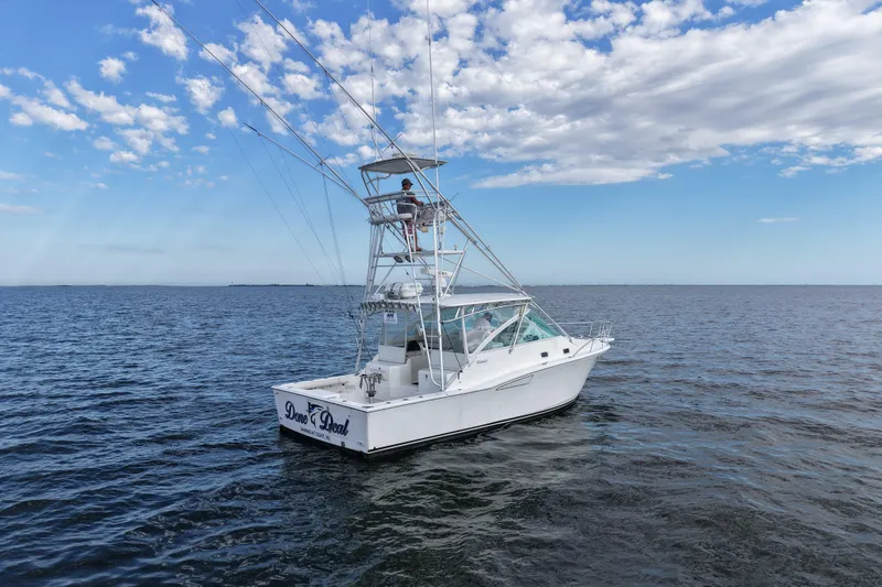 Done Deal Yacht Photos Pics 2001 Cabo 35 Express boat on open water under a partly cloudy sky.