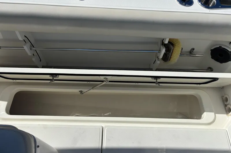 Yacht Photos Pics 2021 Boston Whaler 330 Outrage storage compartment with cleaning tools and accessories.