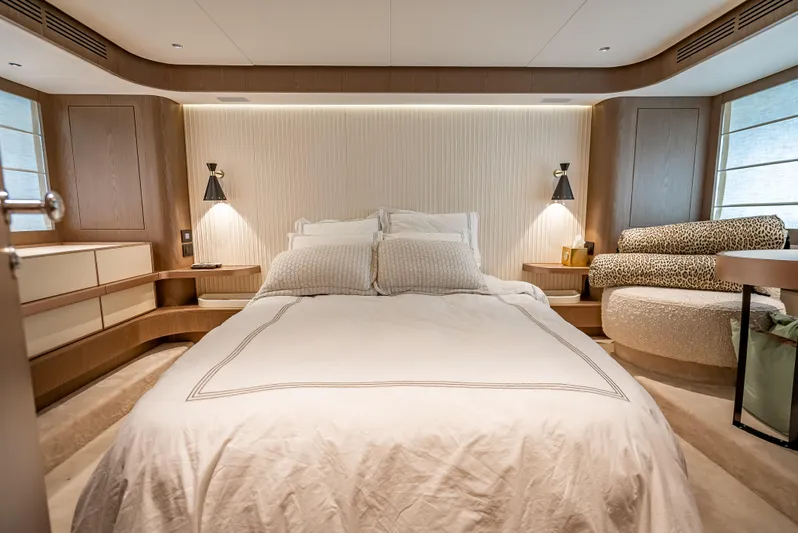 Triangle Of The Seas Yacht Photos Pics Luxurious bedroom interior of 2022 Azimut Magellano 66 yacht, featuring elegant design and modern amenities.