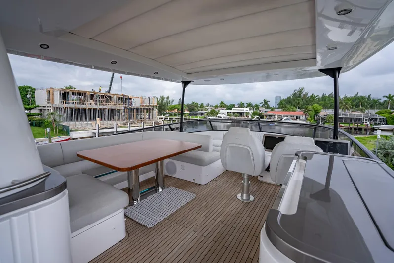 Triangle Of The Seas Yacht Photos Pics Azimut Magellano 66 yacht deck, 2022 model, featuring elegant seating and a scenic waterfront view.