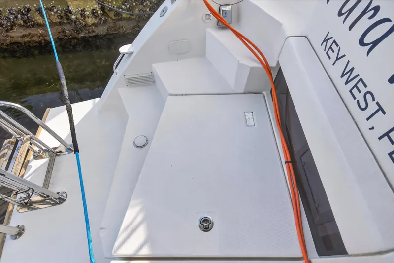  Yacht Photos Pics 2022 Leopard 45 yacht deck with orange cable and blue rope, Key West, Florida.