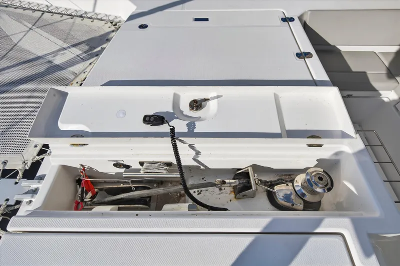  Yacht Photos Pics Leopard 45 yacht anchor locker with winch and chain, 2022 model.
