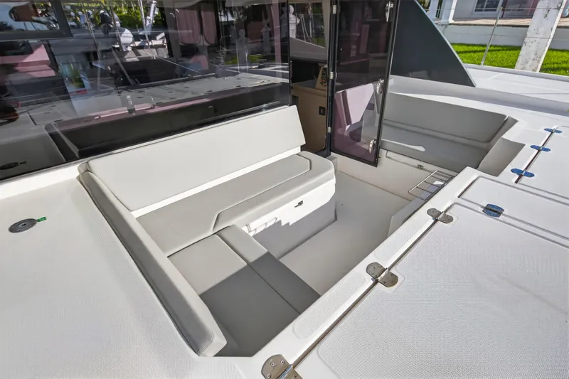  Yacht Photos Pics Modern 2022 Leopard 45 yacht interior with sleek seating and open deck design.