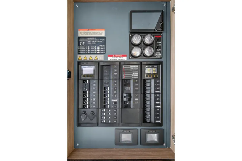 Yacht Photos Pics Electrical panel of a 2022 Leopard 45 yacht with gauges and switches.