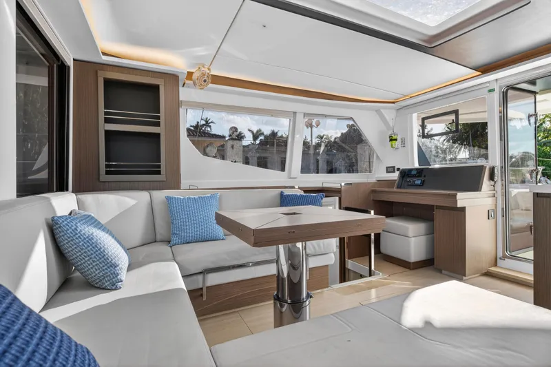  Yacht Photos Pics Luxurious interior of a 2022 Leopard 45 yacht with modern seating and decor.