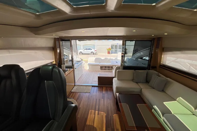  Yacht Photos Pics Luxurious interior of 2010 Princess V62 yacht with elegant seating and wooden flooring.