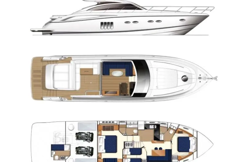  Yacht Photos Pics 2010 Princess V62 yacht layout with side, top, and interior views.