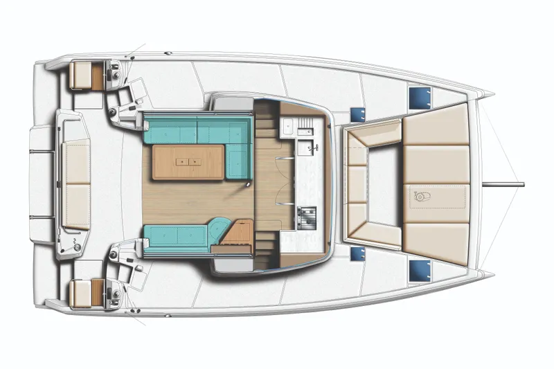 Tbd Yacht Photos Pics Top view of 2026 Bali CATSMART catamaran interior layout, featuring seating and kitchen areas.