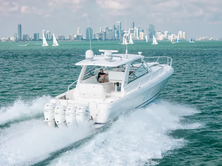 Yacht Photos Pics 2009 Intrepid 475 Sport Yacht cruising with city skyline in background.