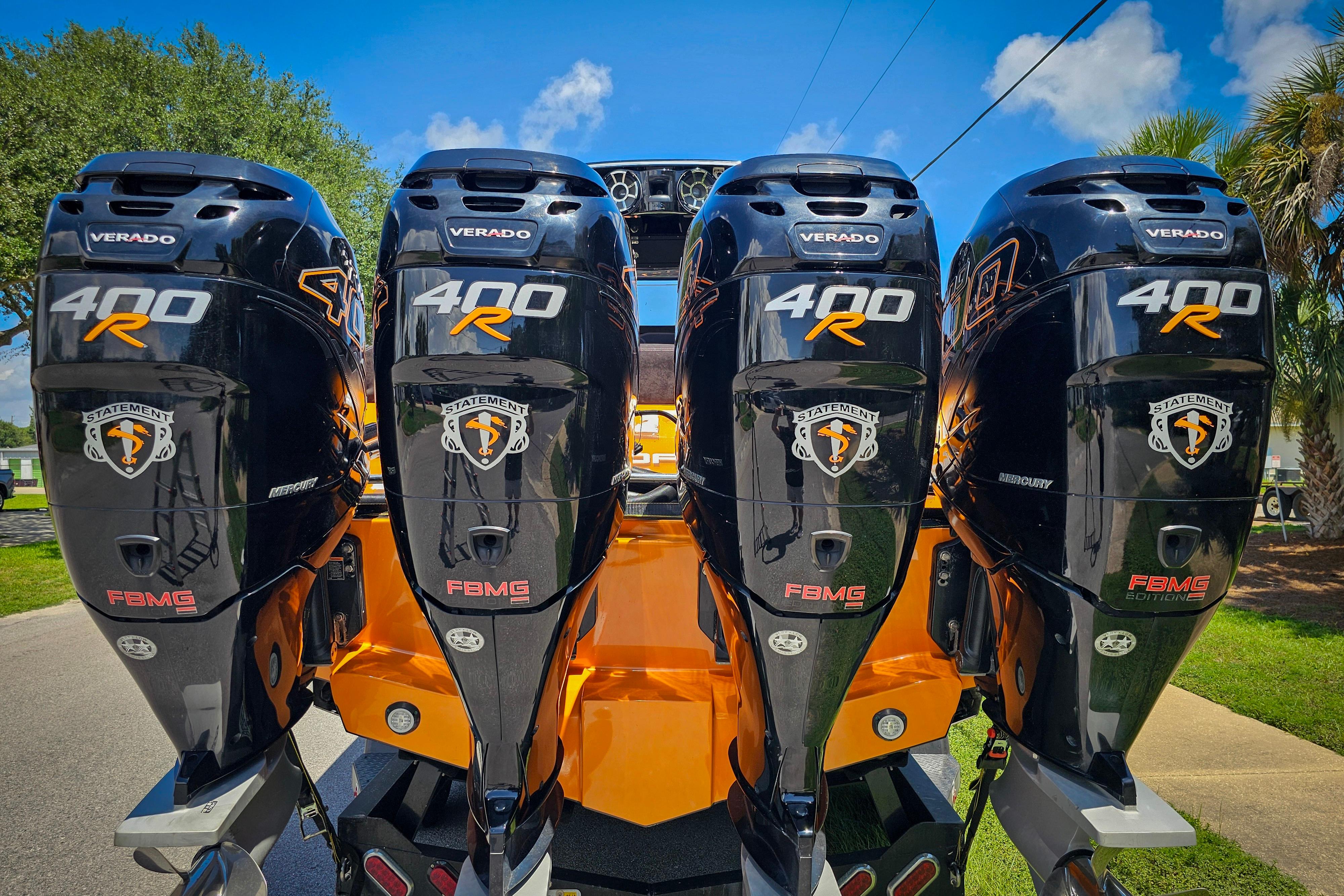 Four Mercury Verado 400R engines on a 2016 Statement 380 Open boat.