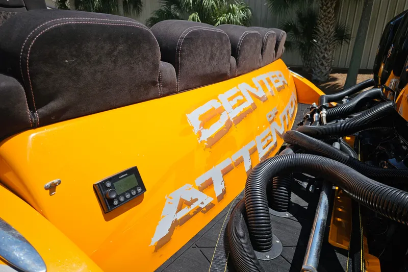  Yacht Photos Pics Yellow Statement 380 Open boat with "Center of Attention" text, 2016 model.