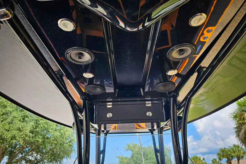  Yacht Photos Pics Underside view of 2016 Statement 380 Open boat's canopy with speakers and lights.