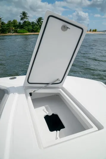  Yacht Photos Pics Open storage compartment on 2026 Front Runner 37 Catamaran, with ocean and palm trees in background.
