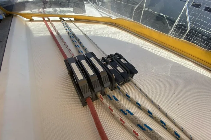 Free Spirits Yacht Photos Pics Rope clutches on Jeanneau Sun Odyssey 45.2 sailboat deck, 2000 model.